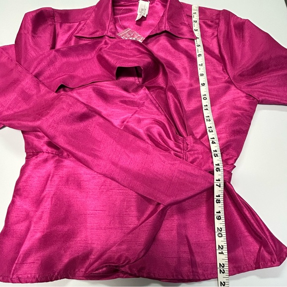 Womens Long Sleeve Wrap Top Size L Tie Bow Satin Metallic Pink Formal Elegant - Picture 9 of 12